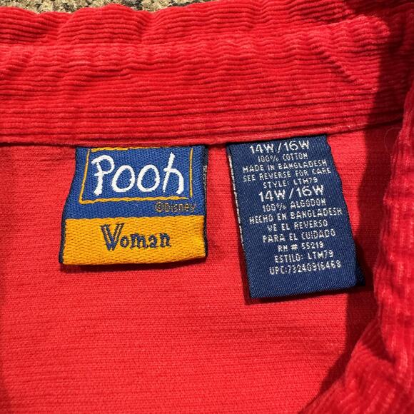 Vintage Disney Winnie Pooh Top Corduroy Y2K Retro 90s Cottage Button Red 14/16 - Picture 3 of 8